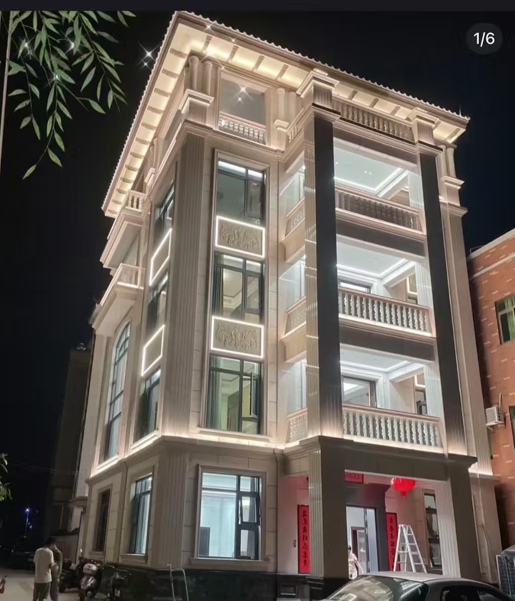 云浮 芝麻白花岗岩别墅外墙夜间效果